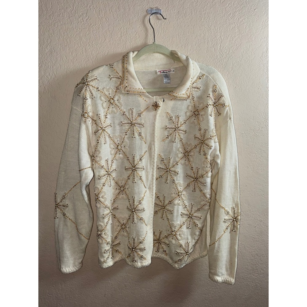 Vintage Talbots L Beaded Cardigan Ivory Pearl Cottagecore Grandmacore 90s READ
